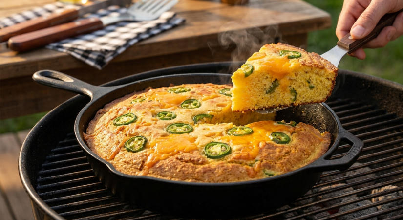 Cheddaros-jalapeños kukoricakenyér a grillről - sajtos, csípős, ropogós aljú