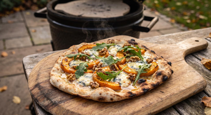 Grillezett sütőtökös-gorgonzolás pizza pirított dióval