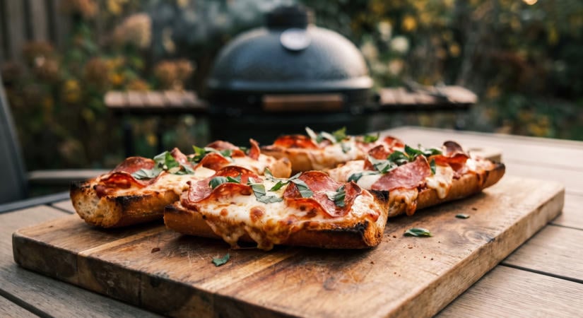 Bagettpizza a grillen csípős szalámival és mozzarellával
