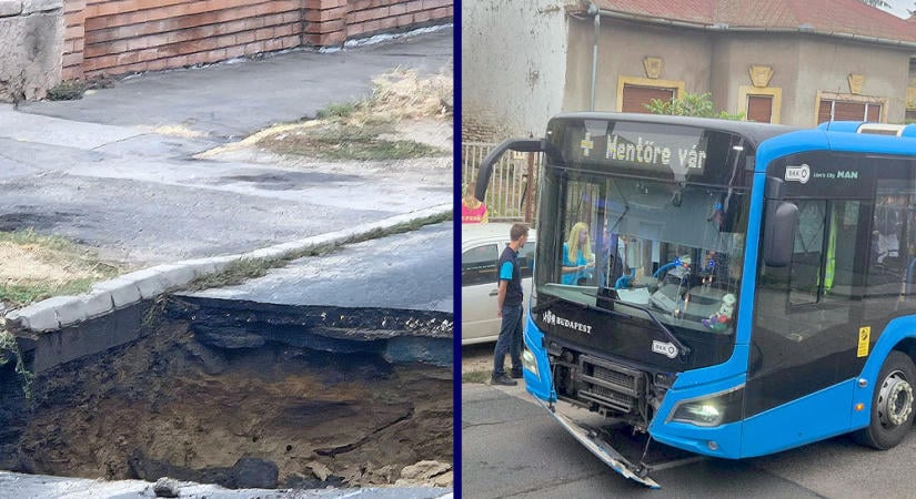 Beszakadt az aszfalt egy utasokkal teli BKK-busz alatt Rákospalotán: Vízműcsőtörés moshatta alá az utat a 15. kerületben