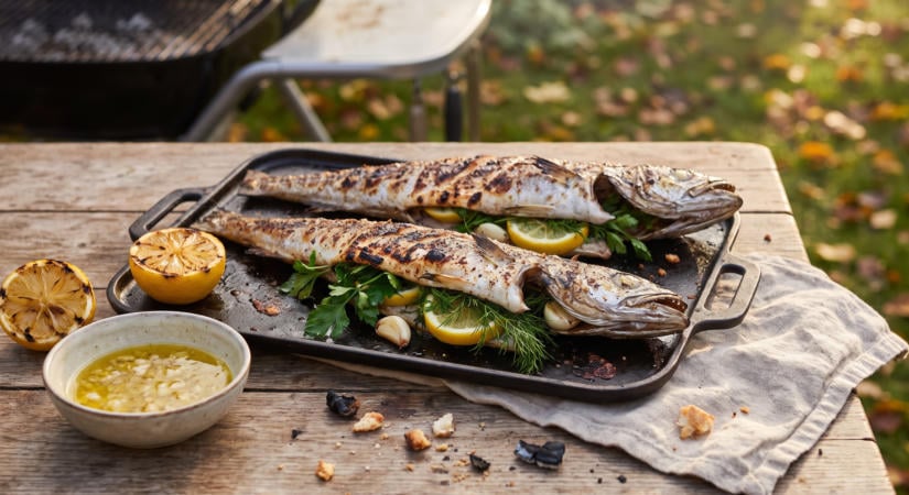 Fűszernövényekkel töltött grillezett hekk