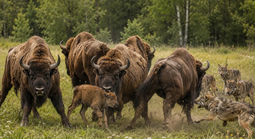 A bölényborjú köré zárult a pajzs: ritka jelenet mutatta meg, mire képes egy csorda