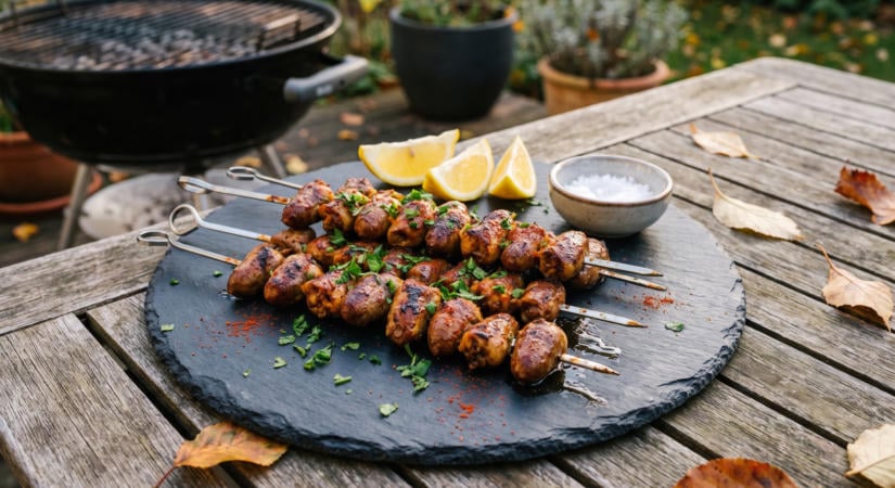 Grillezett csirkeszív nyárs fokhagymás páccal