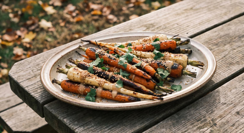 Grillezett sárgarépa és paszternák miso-tahinis öntettel