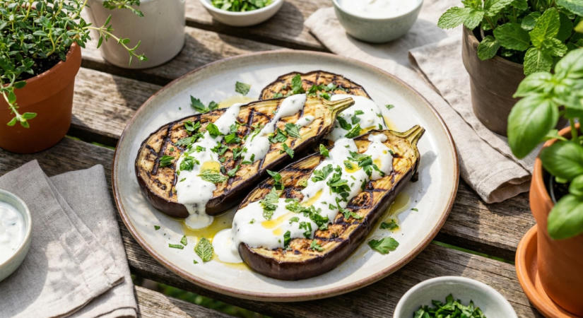 Grillezett padlizsánsteak joghurtos-fokhagymás öntettel - nyárvégi kerti falat