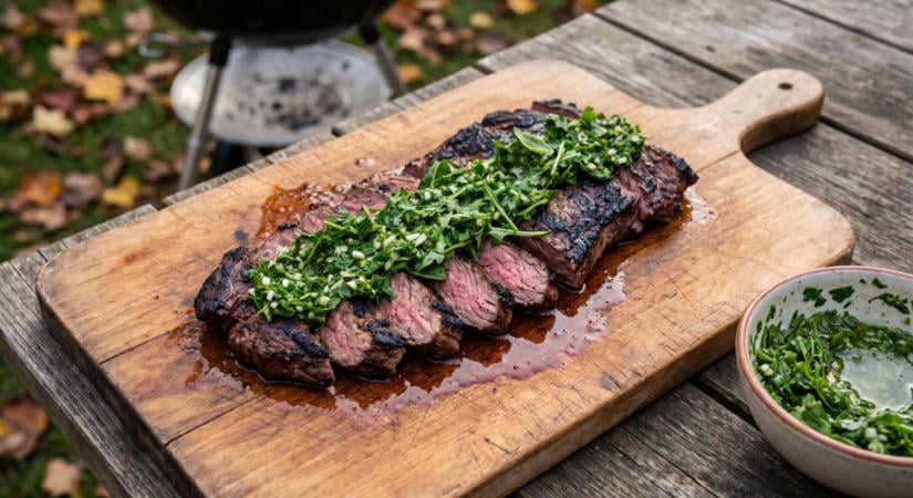 Grillezett skirt steak zöldfűszeres salsa verdével