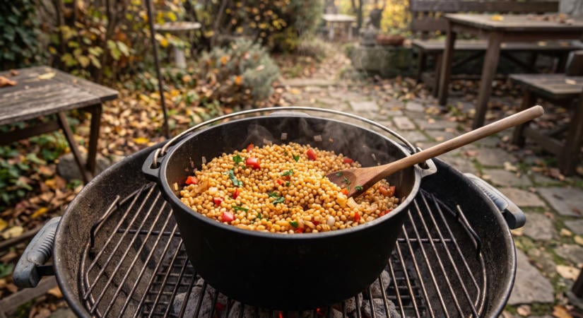 Pirított tarhonya öntöttvasban a grillen