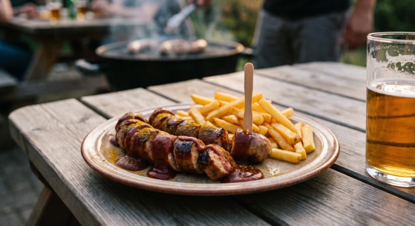 Currywurst a grillen házi curryszósszal