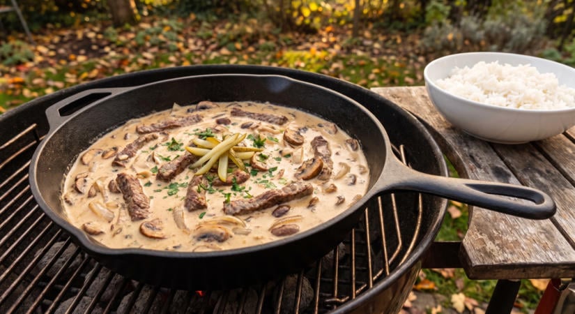 Marha stroganoff öntöttvas serpenyőben a grillen