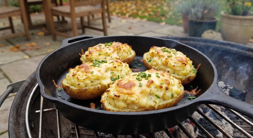 Kétszer sült töltött burgonya a grillen tejföllel és füstölt sajttal