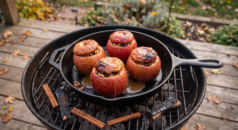 Grillen sült töltött alma diós-mazsolás töltelékkel, sós karamellel