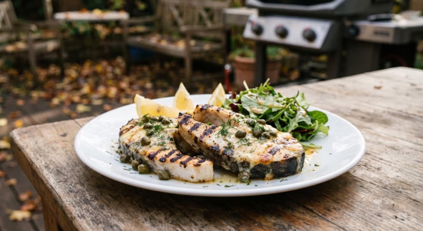 Tokhalsteak a grillen barnított vajjal és kapribogyóval