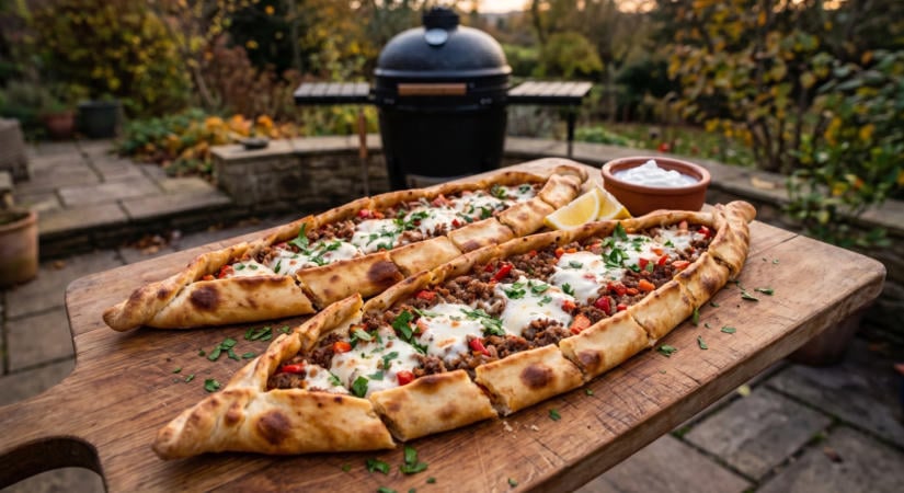 Pide, török csónakpizza a grillen darált hússal