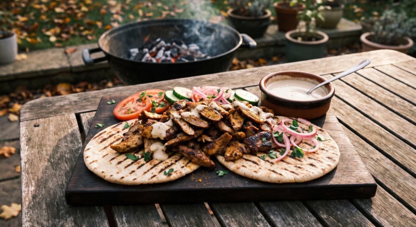 Sertés shawarma a grillen tahinis szósszal és pitával