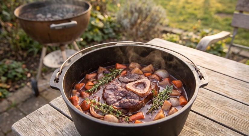 Vörösboros lassan sült marhalábszár grillen