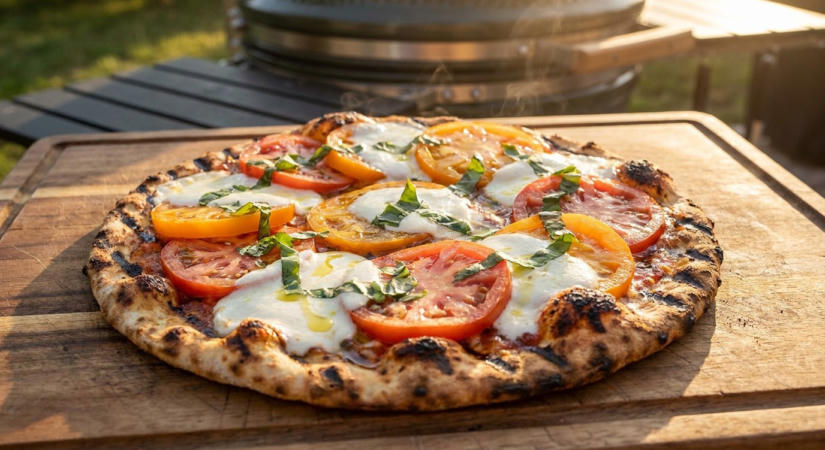 Grillezett caprese pizza a rácson - ropogós alj, olvadó mozzarella, friss bazsalikom
