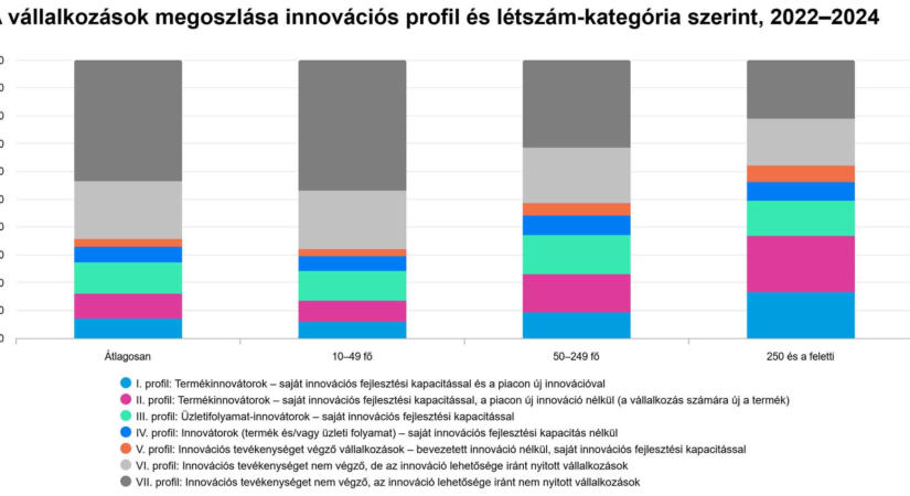 A vállalkozások megoszlása innovációs profil és létszám-kategória szerint - grafikon