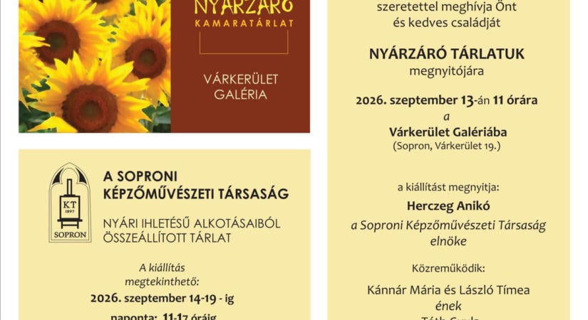 Nyárzáró kamaratárlattal búcsúztatja a évszakot a Soproni Képzőművészeti Társaság