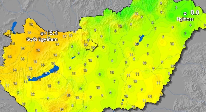 Csütörtök hajnalban több mint 17 Celsius-fok volt a különbség az ország keleti és nyugati oldalán