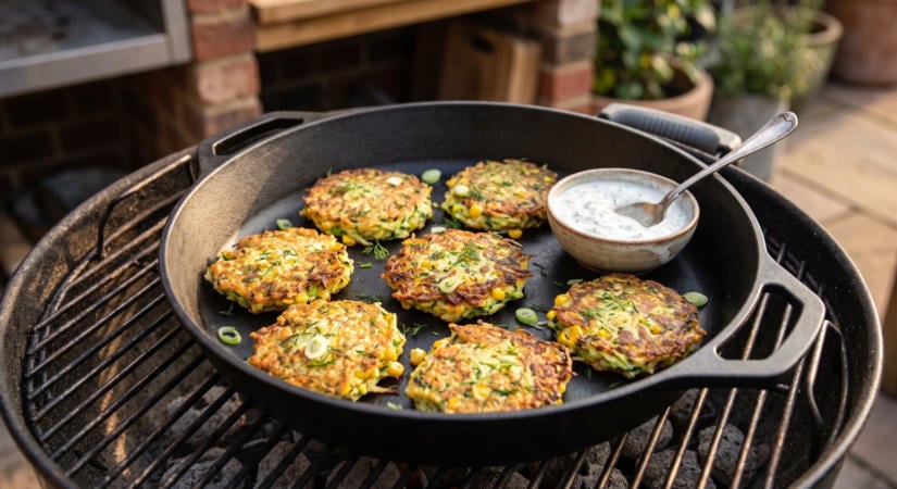 Cukkinis-kukoricás lepénykék öntöttvas serpenyőben a grillen