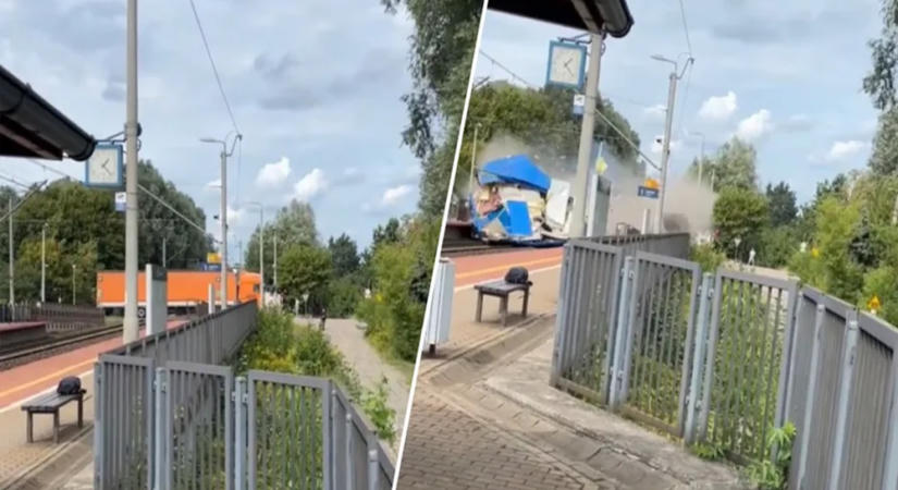 Videón, ahogy telibe kapja az intercity a beragadt kamiont
