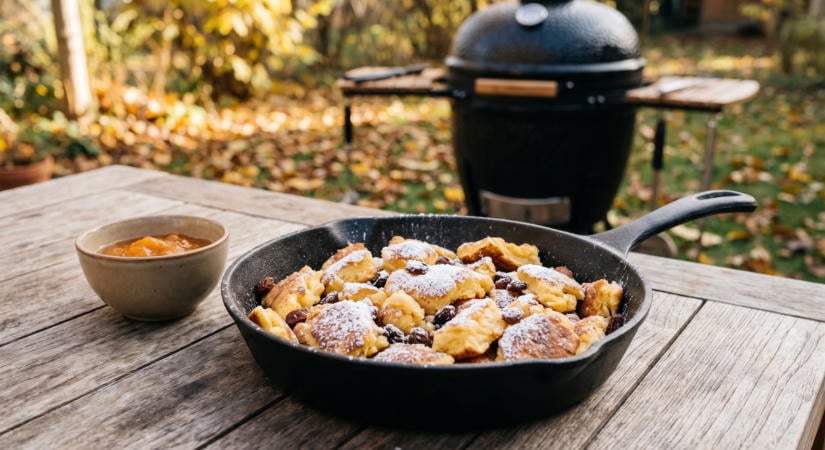 Császármorzsa öntöttvas serpenyőben a grillen
