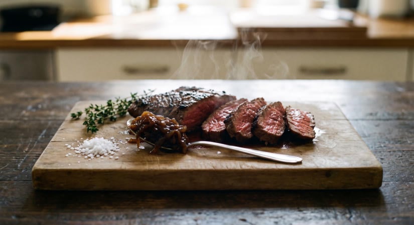 Grillezett marhasteak karamellizált hagymalekvárral