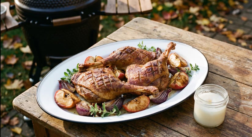 Ropogós bőrű libacomb a grillen sült almával