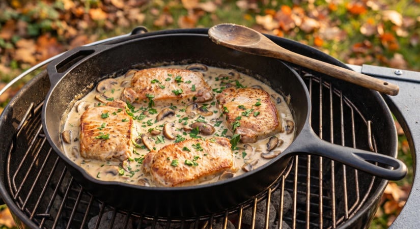 Gombás-tejfölös sertésszelet öntöttvas serpenyőben a grillen
