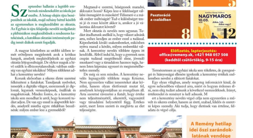 A tanítás, a nevelés és a hitoktatás is témája a Remény hetilap 39. számának