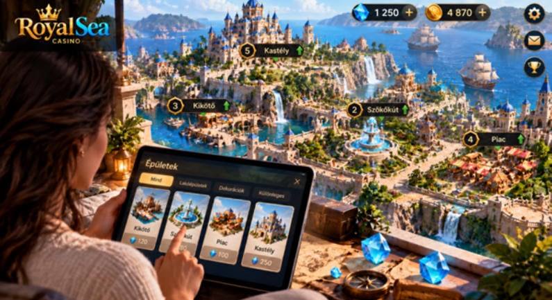 Virtuális városépítés a casino Royal Sea CityBuilder játékában kristályokkal és új épületekkel