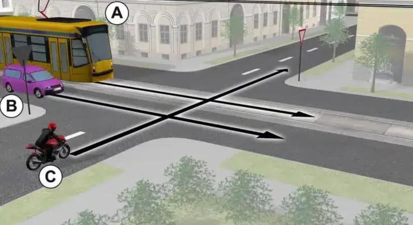 Cseles KRESZ feladat, a sofőrök 92%-a nem tudja megoldani, kinek van elsőbbsége?