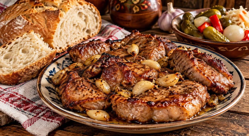 Fokhagymás sertéspecsenye recept zsírban sütve, friss kenyérrel és savanyúsággal
