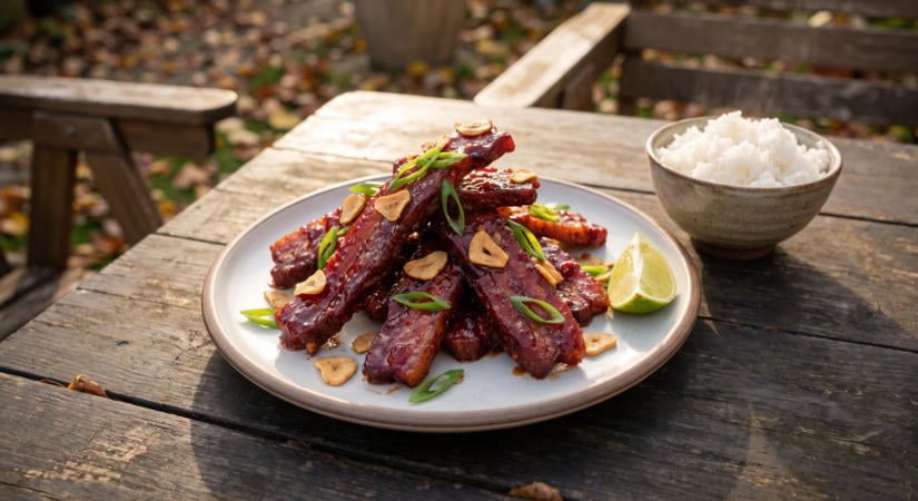 Füstölt sertéshascsíkok szilvás-chilis mázzal