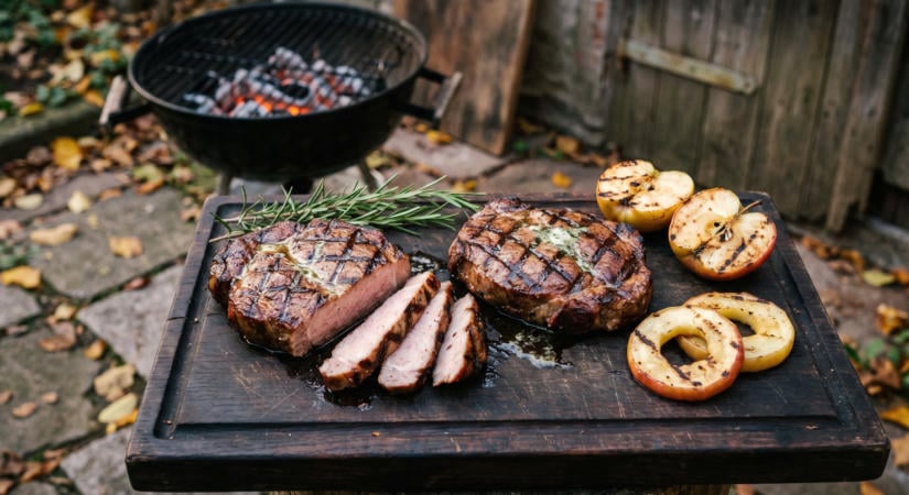 Mangalica tarjasteak a grillen sült almával