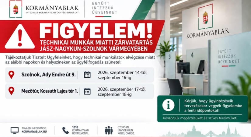 Több napig szünetel az ügyfélfogadás Szolnokon és Mezőtúron