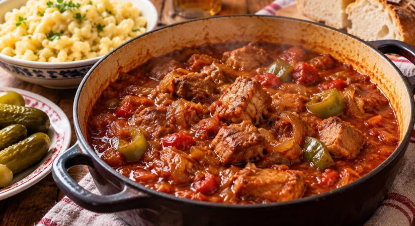 Sertéspörkölt recept combból, sok hagymával és lassú főzéssel, ahogy a vasárnapi ebédhez kell