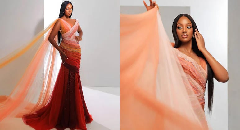 A Miss World versenyen Uganda képviselője a császármetszés hét rétegét szimbolizáló ruhát viselt