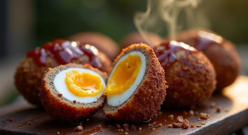 Füstölt skót tojás, kolbászhúsban és baconben