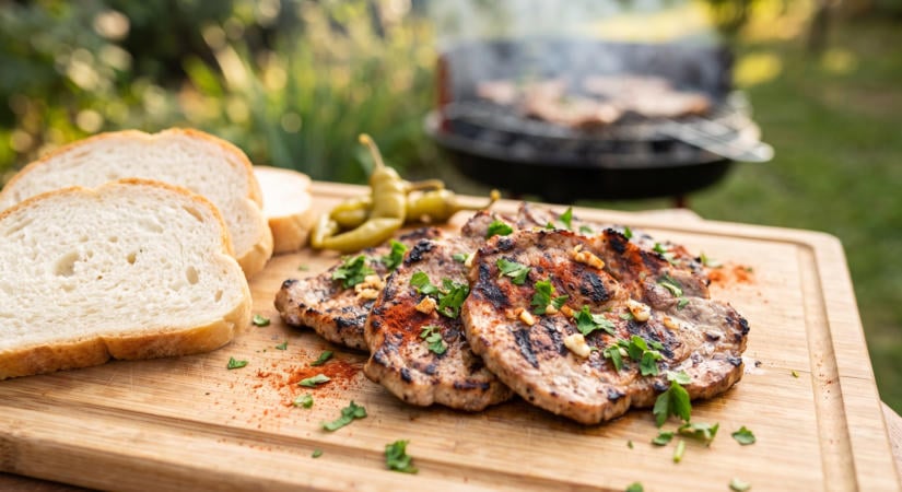 Fokhagymás-fűszeres sertésflekken grillen