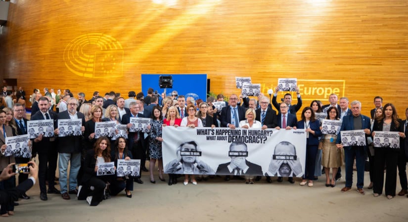 A Fidesz szerint veszélyben a magyar demokrácia, molinóval tüntettek az Európai Parlamentben