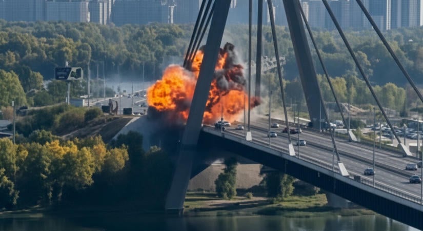 Videón a drámai pillanat: autók közé csapódott és robbant fel a kijevi hídra támadó orosz drón