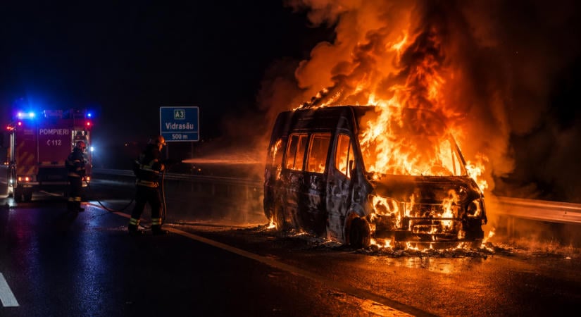Kiégett egy kisbusz az A3-as autópályán (VIDEÓ)