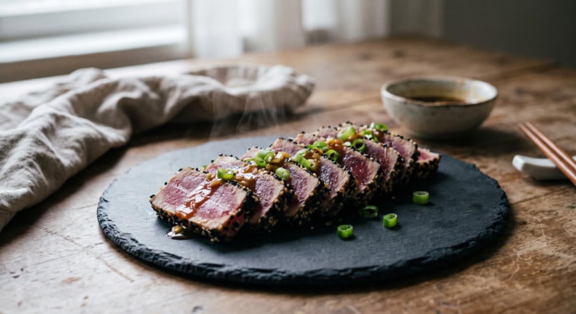 Grillezett tonhalsteak szezámmagos bundában, szójás-gyömbéres öntettel