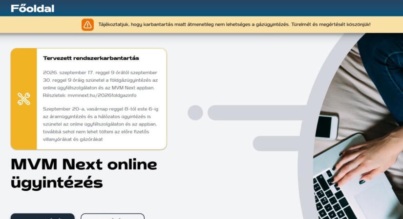 Leállt a gázügyintézés, ez az üzenet olvasható az MVM oldalán