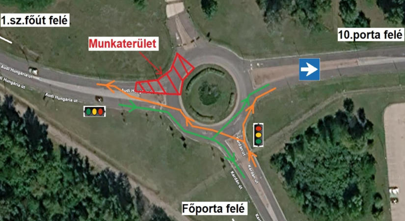Három hétig megváltozik a forgalmi rend a Kardán út és az Audi Hungária út körforgalmánál Győrben