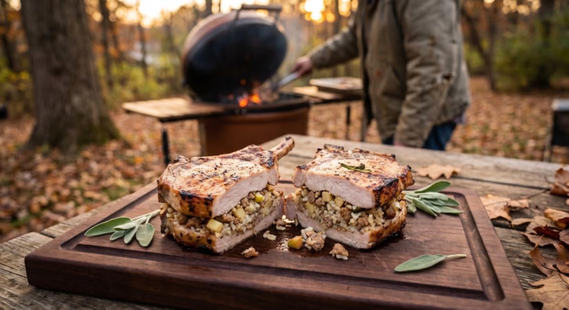Töltött karajszelet kolbászos-almás rizzsel a grillen