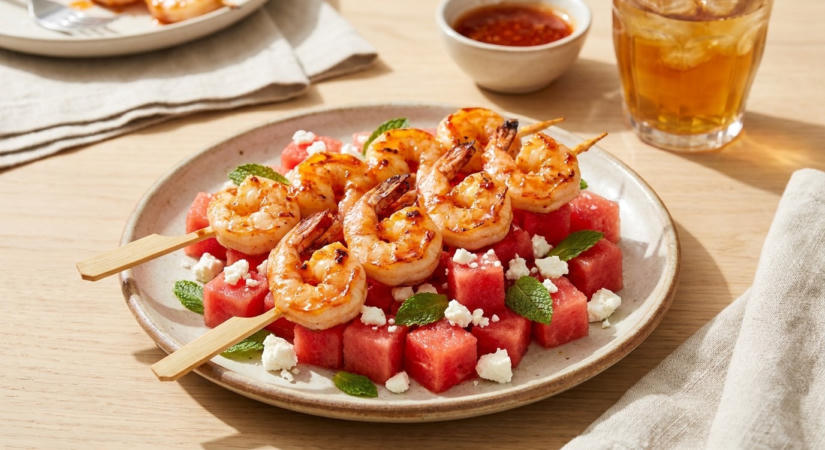 Grillezett garnélanyárs görögdinnyés feta salátával