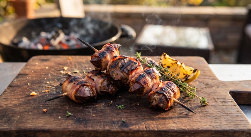 Szalonnába tekert grillezett csirkemáj nyárs