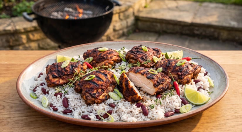 Jamaicai jerk csirkecomb a grillen kókuszos rizzsel
